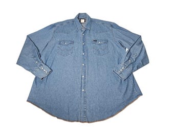 Vintage Wrangler Denim Perle Snap Shirt Langarm Herren XXL Medium Blau Western Cowboy Rodeo