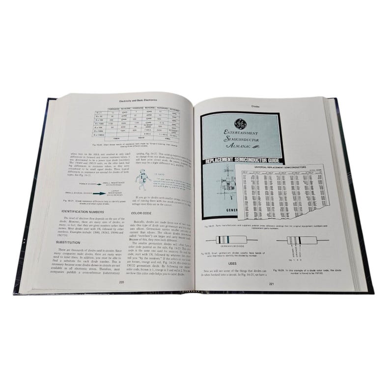 May include: An open book with black covers, displaying pages filled with text, diagrams, and charts. The right page features a blue and white "Entertainment Semiconductor Almanac" guide. The book is likely related to electronics and semiconductors.