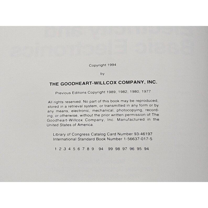 May include: A white page with black text. The text includes the copyright information for a book published in 1994 by The Goodheart-Willcox Company, Inc. Previous editions are also listed. The text also includes the Library of Congress Catalog Card Number and the International Standard Book Number.