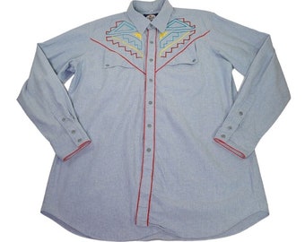 Vintage Prior Embroidered Aztec Southwestern Chambray Button Up Shirt Men's XL - western shirt - cowboy rodeo - vintage clothing fashion