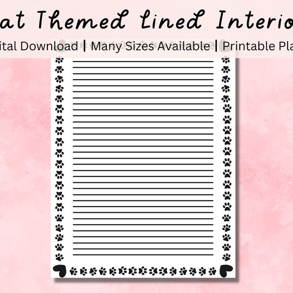 Cat Themed Lined Interior, Basic Lined Pages, Line Printable Pages, Lined Pages PDF, Wellness Journal, Cat Stationary, Printable Stationary