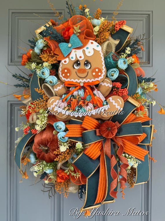 Gingerbread Girl Fall Wreath: Teal Orange Velvet Pumpkins & Ribbons
