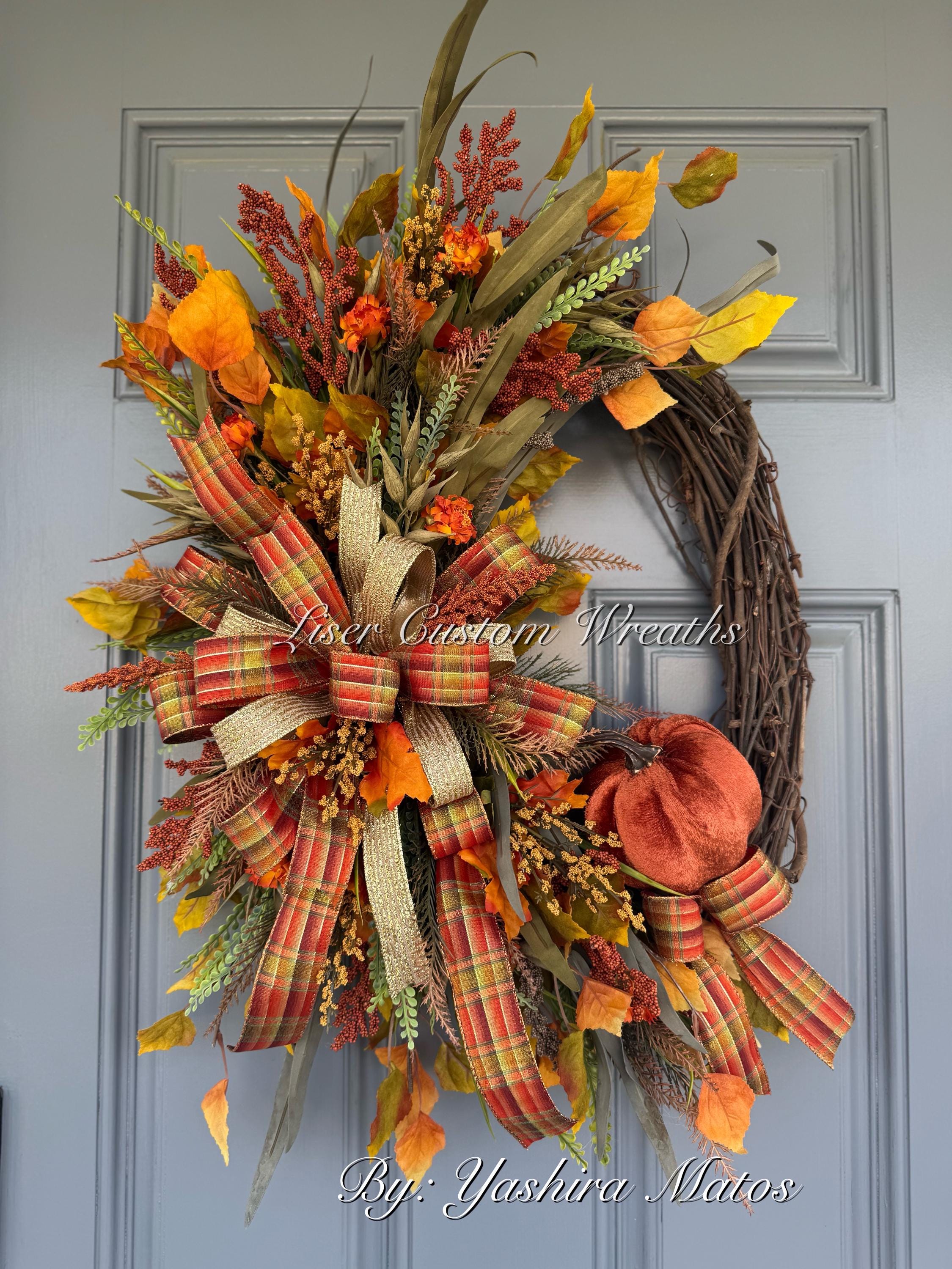 Fall Grapevine Wreath with Velvet Pumpkin and Plaid Bow, Autumn Door Decor,  Thanksgiving Wreath, Rustic Fall Floral Wreath, Pumpkin Wreath