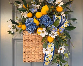 Lemon Wreath, Summer Front Door Decor, Blue Hydrangea & Daisy Arrangemen, Front Door Wreath, Lemon door hanger basket wreath, Door Wreath