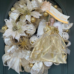 Christmas Gold Angel Wreath, Christmas Gold Wreath, Holiday Wreath, Mesh Wreath, Ornament Wreath, Angel Wreath, Front Door Wreath, Wreath