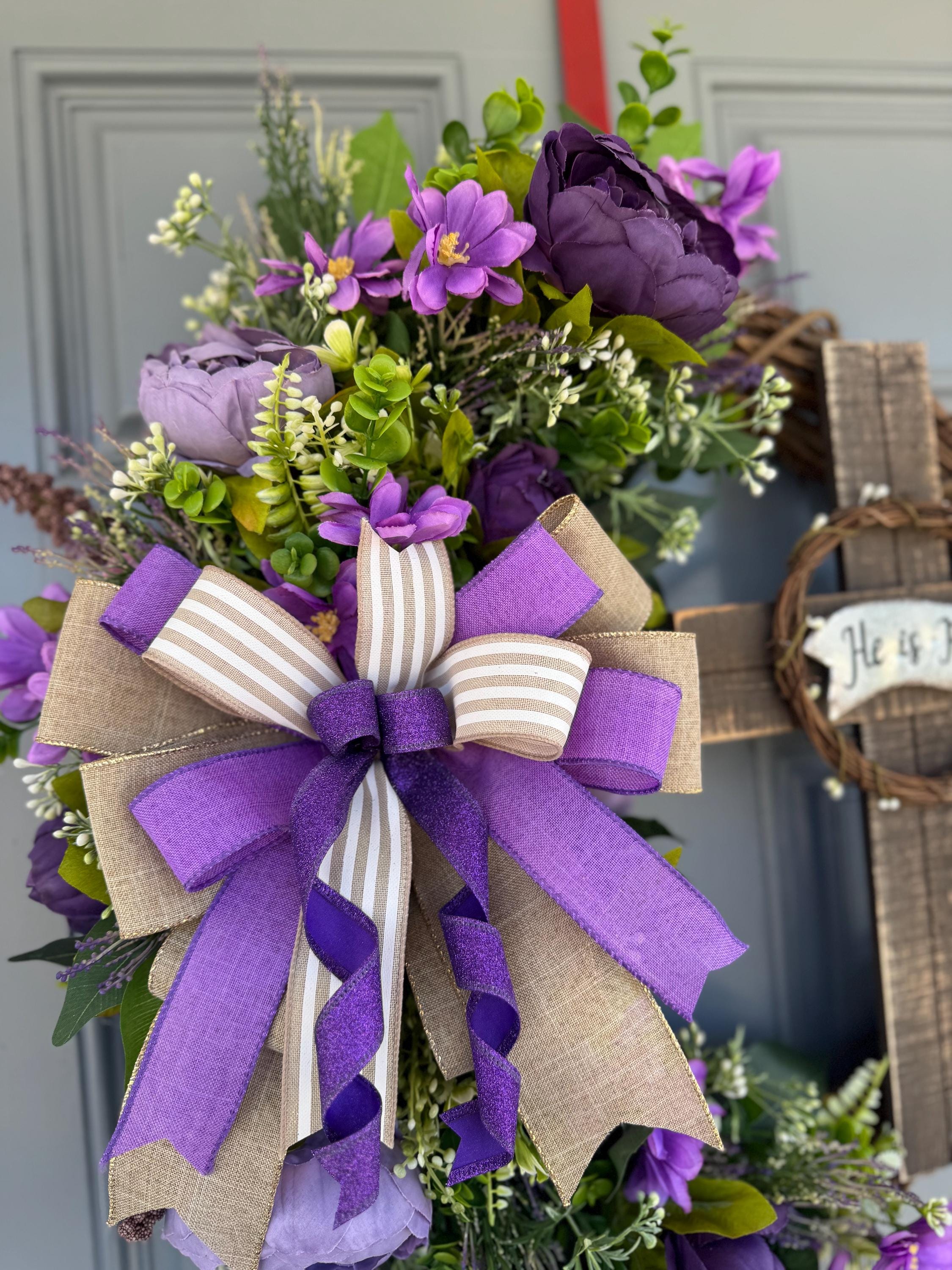 He is Risen Easter Wreath: Purple Floral Cross, Grapevine Base - Etsy
