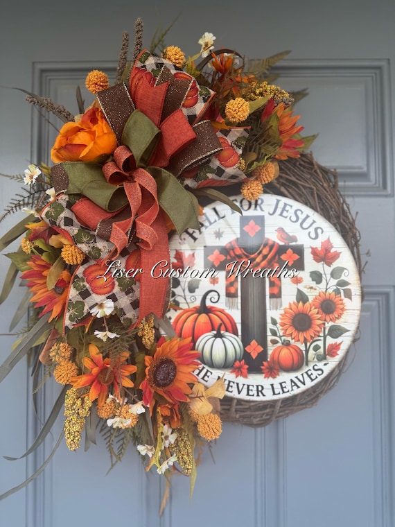 Fall for Jesus Grapevine Wreath: Christian Pumpkin Sunflower Door Decor