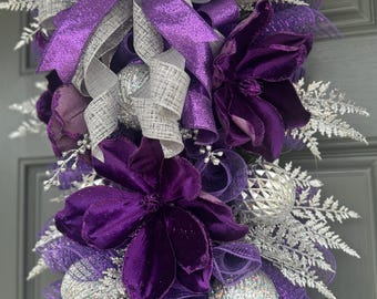 Purple Velvet Magnolia Swag: Silver Glitter Christmas Wreath - Etsy