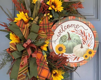 Pumpkin Sunflowers Wreath, Pumpkin Grapevine Wreath, Sunflower Wreath, Fall wreath for front door, Front Door Wreath, Fall Door decoration