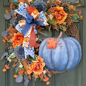 Blue Metal Pumpkin Wreath, Fall Grapevine Wreath, Pumpkin Grapevine Wreath, Blue and Orange Grapevine Wreath, Fall decoration, Autumn Decor