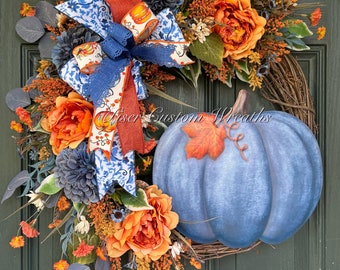 Blue Pumpkin Grapevine Wreath: Fall Floral Door Decor