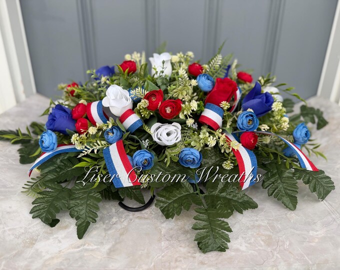 Patriotic Headstone Saddle, Red White and Blue Cemetery Flowers ...