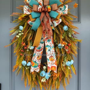 Teal Pumpkin Fall Wreath: Beaded Autumn Door Decor