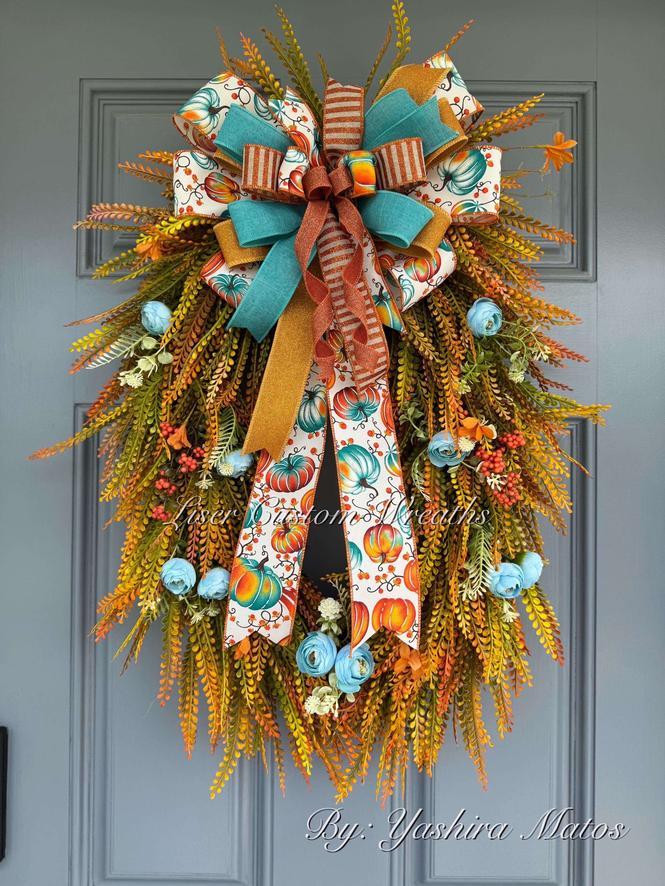 Teal Pumpkin Fall Wreath: Beaded Autumn Door Decor