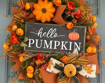 Hello Pumpkin Fall Wreath for Front Door, Handmade Autumn Wreath with Pumpkins, Florals & Bow, Thanksgiving Mesh Wreath, Autumn door wreath