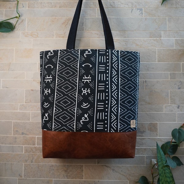 African Mudcloth Large Tote Bag, Waterproof Lining, READY to SHIP Modern Designer Fabric from Africa
