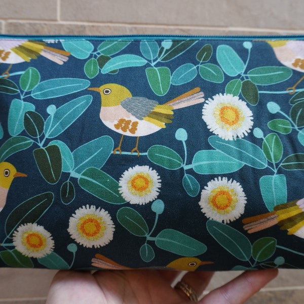 Australian Bird Large Zipper Pouch, Makeup bag, Waterproof  READY TO SHIP Designer Jocelyn Proust Australian Fabric