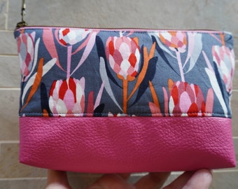 Australian Floral Medium zipper wristlet, pouch, coin purse, phone carrier, makeup bag, READY TO SHIP, Jocelyn Proust fabric, Protea flower