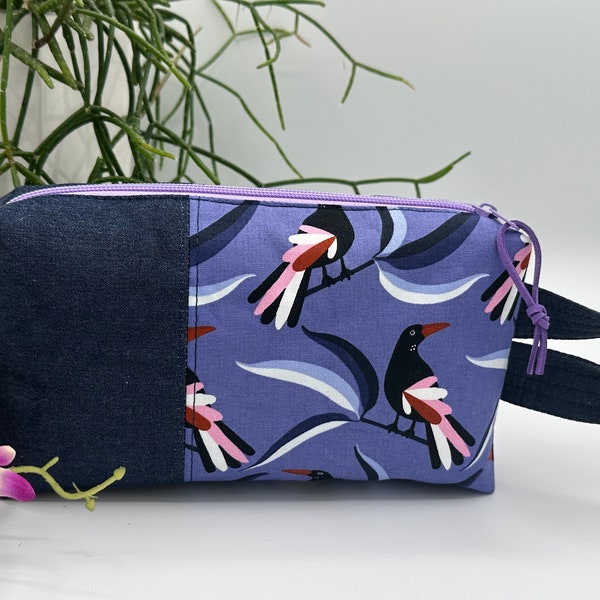 Blue bird Boxy zipper pouch, makeup bag, READY TO SHIP Designer Jocelyn Proust Fabric