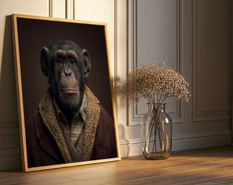 Póster con retrato de chimpancé / Impresión de animal antropomórfico
