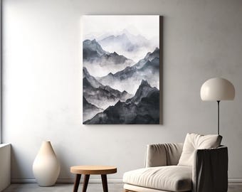 Print met mistig berglandschap | Japanse inktwaskunst