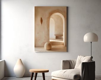 Può includere: Una scena di interior design dai toni neutri con una stampa su tela di porte ad arco, un vaso beige intrecciato, un tavolino in legno e una moderna poltrona. La palette di colori è morbida e calda, con la luce naturale che illumina lo spazio.