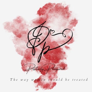 May include: A red and white watercolor background with a black script logo that says "Positively Pampered" and the tagline "The way women should be treated".