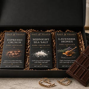 Könnte beinhalten: Eine schwarze Geschenkbox mit drei rechteckigen Zartbitterschokoladentafeln der Marke Salt & Velvet: Espresso Crunch, Midnight Sea Salt und Lavender Honey. Jede Tafel wiegt 85g. Eine vierte, ausgepackte Schokoladentafel liegt davor.