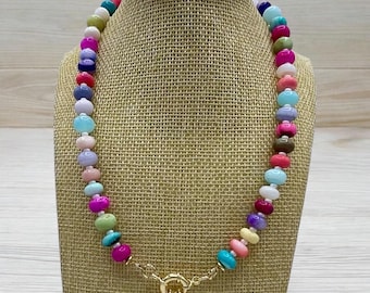 Rainbow Jade Gemstone Necklace: Gold Tone Clasp, Charm Holder