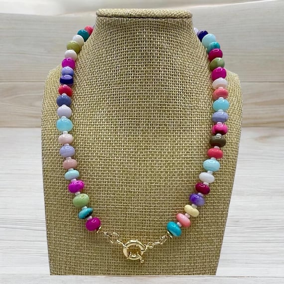 Colorful Gemstone & Gold tone Necklace with fun round clasp - Rainbow Jade Necklace, Multiple lengths available