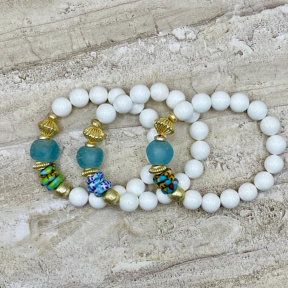 Island Time, African Recycled Seaglass, Women's stretch beaded bracelets, Sustainable beaded bracelet