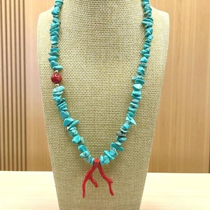 Coral and Turquoise gemstone Women’s beaded necklace, Coastal, Beach Style