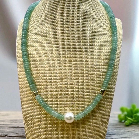 Light Green Jade and Glass Pearl Necklace | Minimalist Gemstone Jewelry | Gold Accents | Lobster Clasp | Gift for her