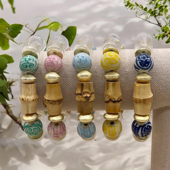 Navy, Blue, Pink, Yellow, Green Bamboo Chinoiserie Women's Bangle Bracelets. - Multiple sizes