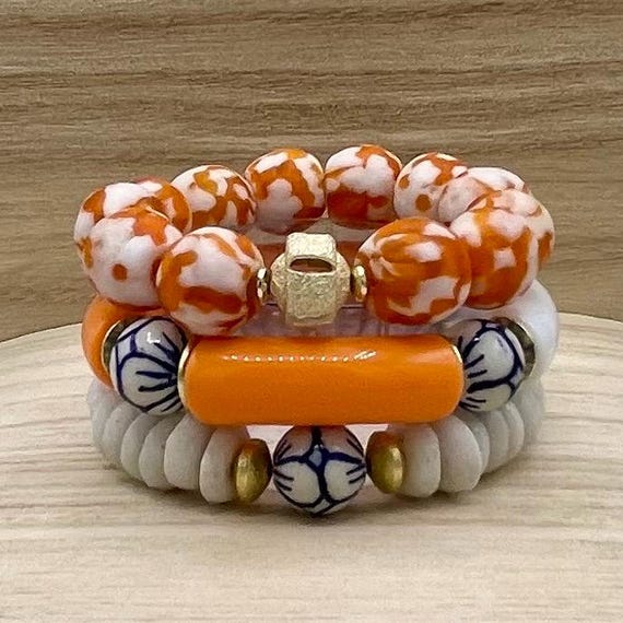 Orange Crush Beaded Bracelets – Bold Statement Stretch Bracelets with Chunky Beads, Ceramic & Gold Touches, Colorful Summer Arm Candy