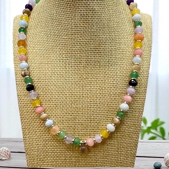 Gold Initial Necklace, Gemstone Beaded Custom Letter Women's Necklace