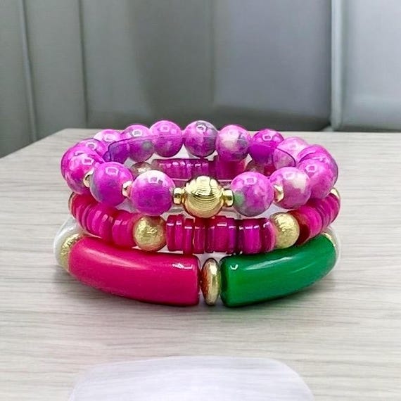 Dark Pink, Magenta, Fushia & Green Springtime Beaded Bracelet Collection - Purchase individually or as a set