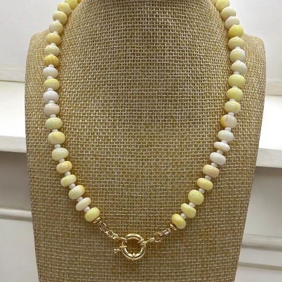 Yellow & White Opal Gemstone, Beaded Necklace with Gold tone metal clasp, Custom lengths available.