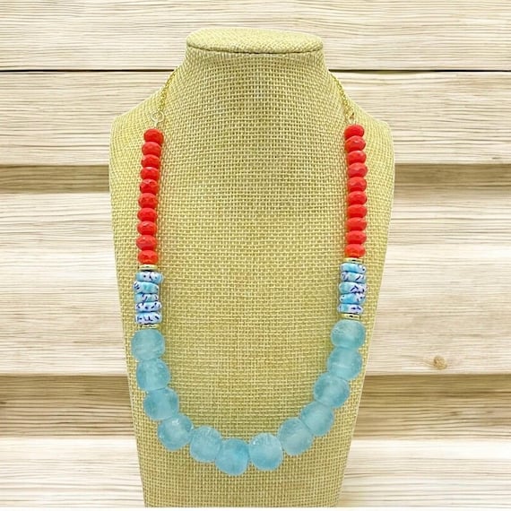 Colorful Beaded Statement Necklace – Chunky African Sea Glass Statement  Jewelry