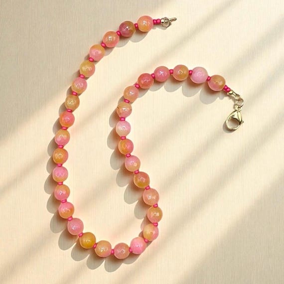 Peach and Pink Gemstone Beaded Necklace, “Sunset Sorbet” Woman’s Necklace