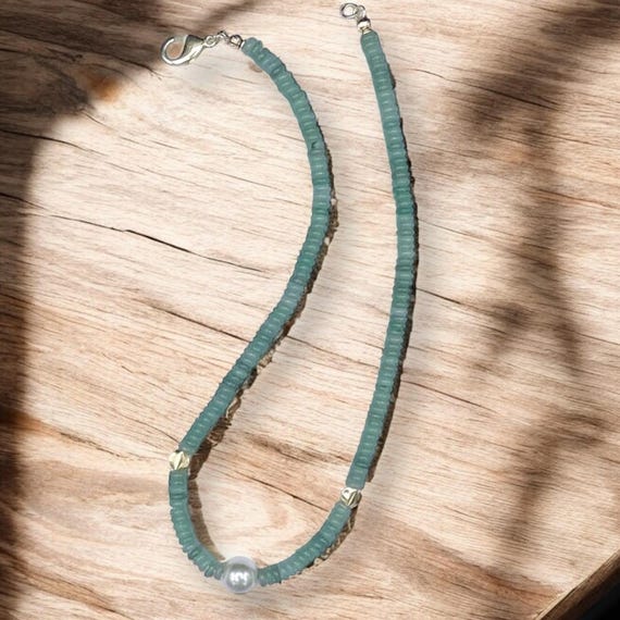 Jade and Glass Pearl Necklace | Minimalist Gemstone Jewelry | Gold Accents | Lobster Clasp | Simple Elegant Gift | Trending Green Jewelry