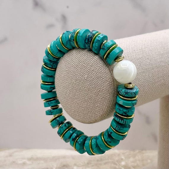 Turquoise Heishi Beaded Bracelet, Mother of Pearl & Brass Accents| Woman’s stretch, layered bracelets