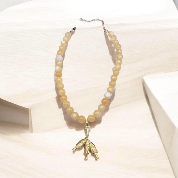 Yellow Gemstone Sardine, Fish, Pieces Charm Holder Necklace - Optional Brass Sardine Fish Charm - Yellow Butter Jade Statement Necklace.