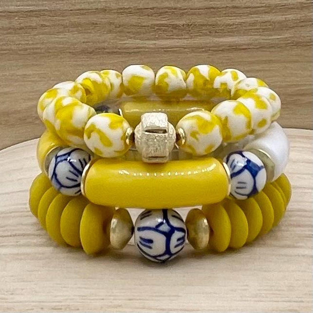 Lemon Zest Bracelet Stack Yellow White Blue Chinoiserie Stretch lemon-zest-bracelet-stack-yellow-white-blue-chinoiserie-stretch