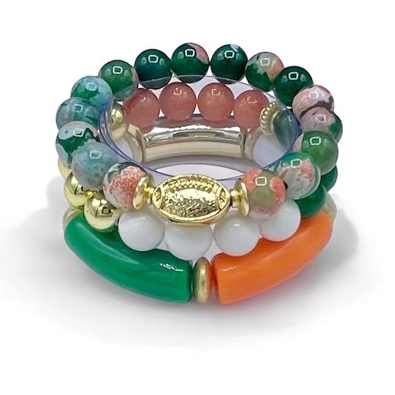 Women's University, College Green, Orange and white colored beaded bracelet - Sorority, Football Gift - Purchase individually or as a set