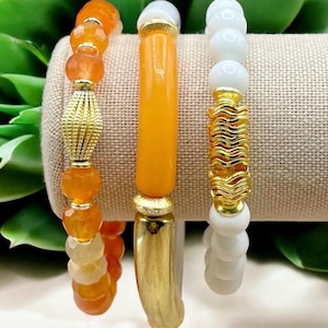 Citrus Glow Bracelet Set – Yellow Agate, White Jade and Gold Stretch Bracelets – Summer Jewelry Stack, Mini Gemstone Stretch Bracelet Set