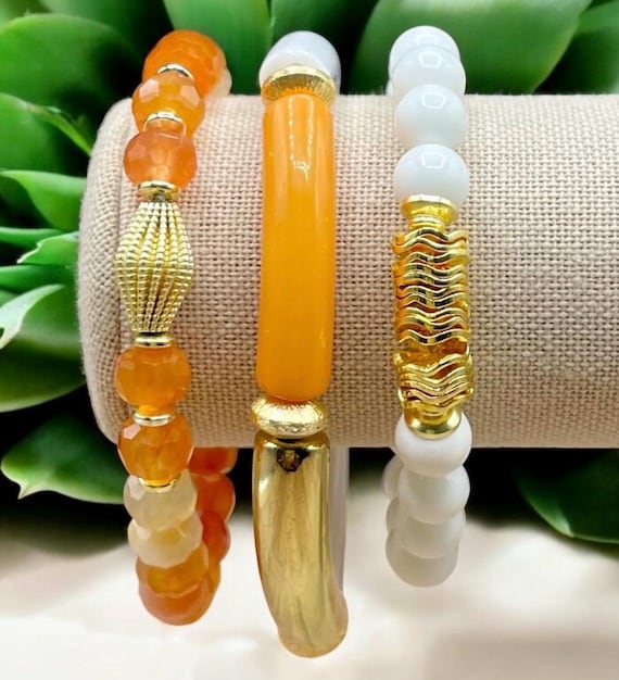 Citrus Glow Bracelet Set – Yellow Agate, White Jade and Gold Stretch Bracelets – Summer Jewelry Stack, Mini Gemstone Stretch Bracelet Set