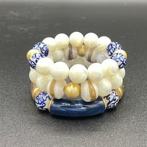 Blue Flower Chinoiserie & White Mother of Pearl Gemstone Bohemian Bracelets - French Isle - Purchase individually or a set!