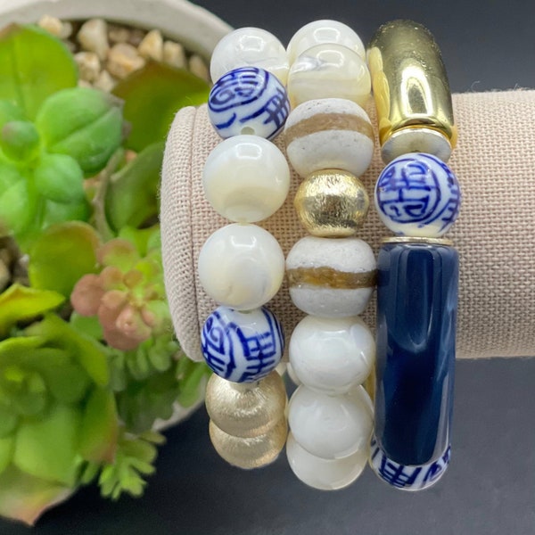 Chinoiserie & Gemstone Stretch Bracelet Collection - Scroll Pattern - Purchase individually or as a set.