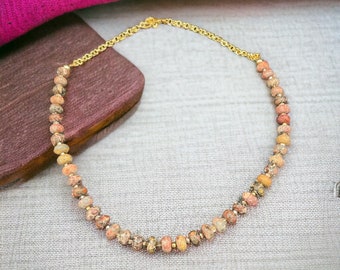 Gold Chain, Pink and Beige Agate Women's Natural Gemstone Beaded Necklace